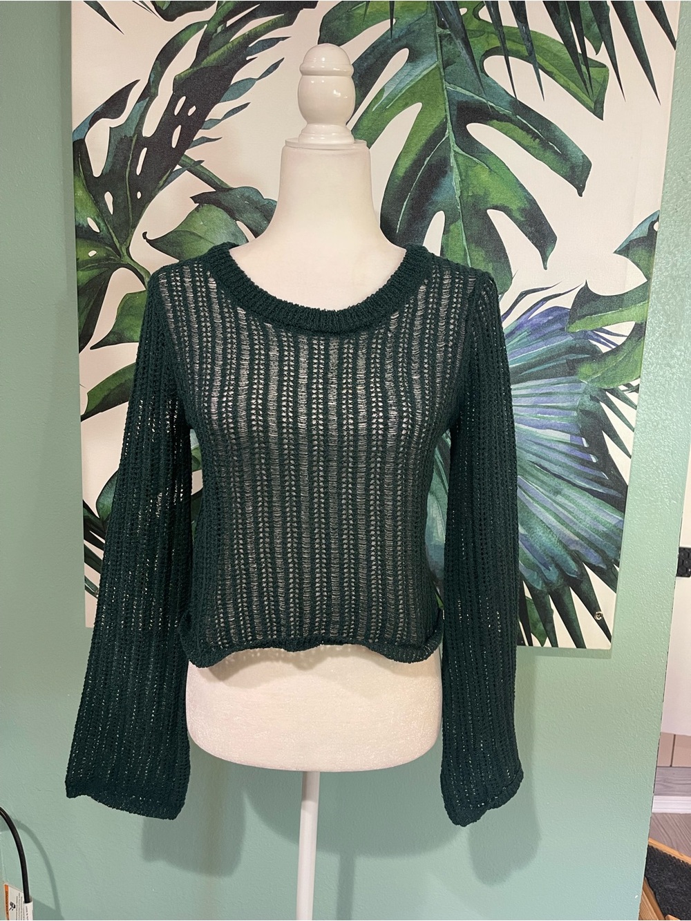 Dark Green Open-Knit Cropped Sweater With Extra Long Sleeves - Picture 1 of 6